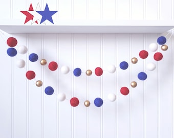 4th of July Garland, Patriotic Garland, American Banner, Fourth of July Party Decor, Banner, Bunting, Red White and Blue, Felt Ball Garland