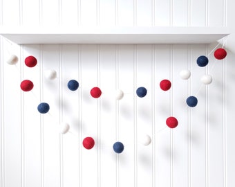 Fourth of July Pom Pom Garland: Red, White, and Blue Wool Felt