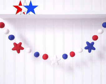 Rojo, blanco y azul, guirnalda de bolas de fieltro, guirnalda de estrellas de fieltro, decoración del 4 de julio, 4 de julio, decoración patriótica, decoración americana, decoración de EE. UU.