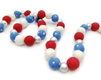 July 4th Felt Ball Garland: Red, White, Blue Americana Decor