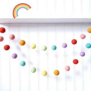 Rainbow Pom Pom Garland, Rainbow Birthday Decor, Birthday Banner, Party Garland, Birthday Bunting, Playroom Decor, Kids Room Decor, Felt Pom