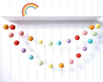 Rainbow Pom Pom Garland, Rainbow Birthday Decor, Birthday Banner, Party Garland, Birthday Bunting, Playroom Decor, Kids Room Decor, Felt Pom