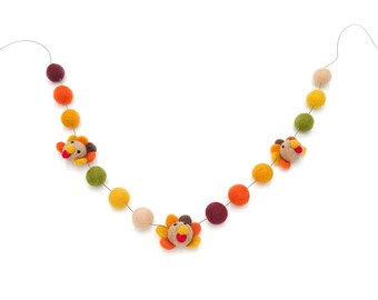 Felt Turkey Garland, Thanksgiving Decor, Fall Mantel Garland, Wool Pom Pom Turkey Banner, Autumn Home Decoration, Handmade Holiday Decor