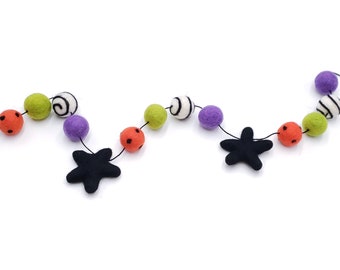 Halloween Decor, Halloween Garland, Felt Ball Garland, Pom Pom Garland, October Decor, Black Star