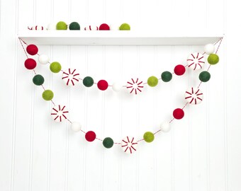 Peppermint Felt Ball Garland, Christmas Garland, Christmas Mantel Garland, Holiday Decor, Farmhouse Christmas Decor, Fireplace Garland