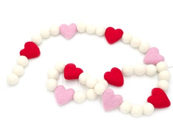 Felt Ball Heart Garland, Valentine Decor, Red Pink Heart Garland, Valentine's Day Banner, Baby Girl Nursery Decor, Baby Shower Party Garland
