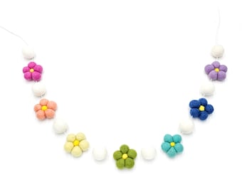 Felt Daisy Garland, Felt Flower Garland, Flower Banner, Felt Ball Garland, Pom Pom Garland, Flower Bunting, Pastel Rainbow