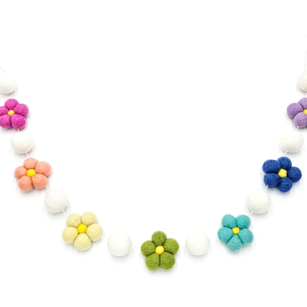 Felt Daisy Garland, Felt Flower Garland, Flower Banner, Felt Ball Garland, Pom Pom Garland, Flower Bunting, Pastel Rainbow