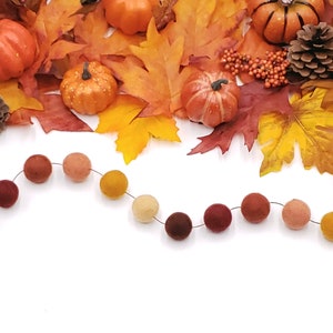 May include: A garland of felt balls in shades of orange, brown, and cream. The garland is hanging against a white background. The garland is decorated with fall leaves and pumpkins.