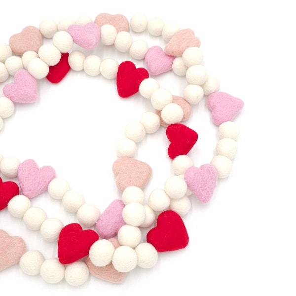 Heart Garland, Valentine Decorations, Felt Ball Garland, Pom Pom Garland, Red, Pink, Blush