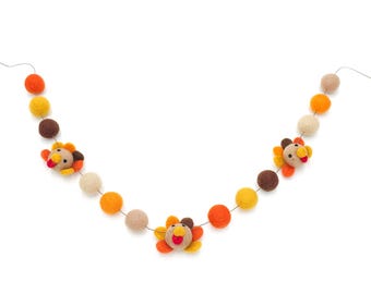 Felt Turkey Garland: Wool Pom Pom Thanksgiving Decor