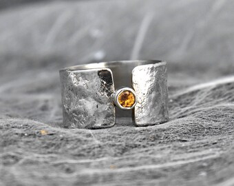 Unique Statement Orange Sapphire Ring wide textured silver ring with genuine diamond cut Sapphire for men /& women handmade statement ring.