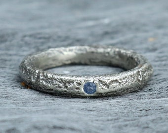 Sandcast Sapphire Ring: handmade poured silver ring with texture, Sapphire ring for men and women, rustic organic ring, made to order.
