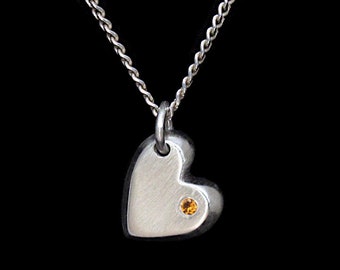 Orange Sapphire Necklace: sand cast silver heart with flush set Sapphire, september birthstone, sapphire necklace, original, solid silver.