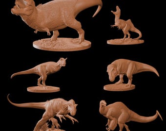 Tyrannosaurus & Theropod Dinosaur STL Bundle – 6 Printable Prehistoric Models | T. rex, Carnotaurus, Allosaurus | 3D Print Files