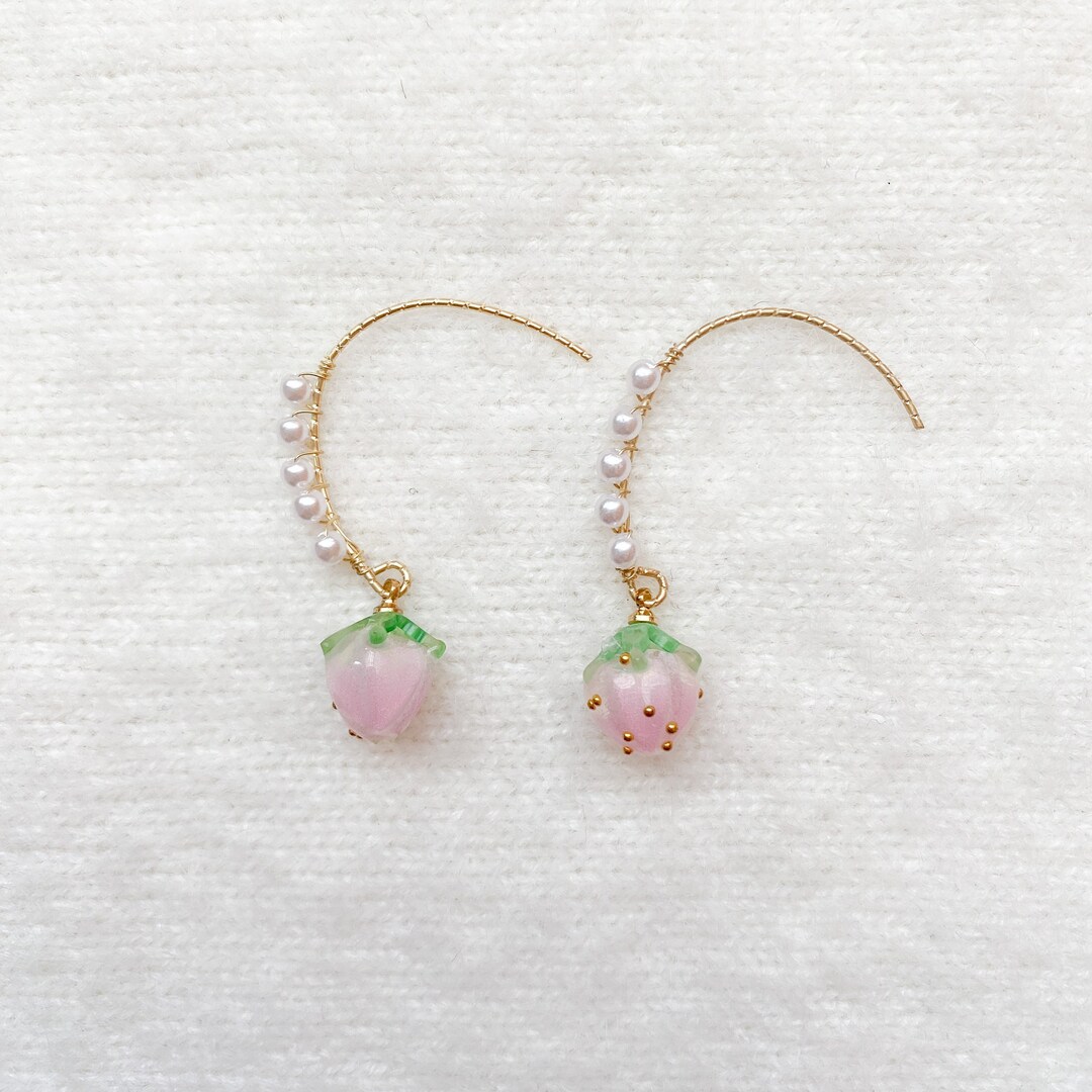 Pink Strawberry Dangle Earrings, Pink Strawberry Pearl Huggies, Mini Strawberry Earrings