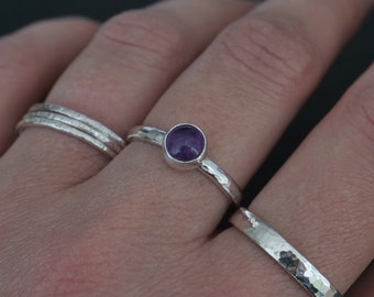 Amethyst Gemstone Ring, Hammered Sterling Silver Stacking Ring, February Birthstone, Purple Gemstone, Ladies Gift Idea, Minimalist Ring