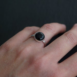 Black Gemstone Ring, Silver & Onyx Ring, Narrow Band, Round Gemstone Ring, Big Circular Gem Ring
