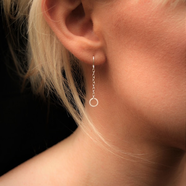 Elegant Silver Circle Drop Earrings | Dainty Sterling Silver Chain Earrings | Minimalist Understated Earrings | Made in England