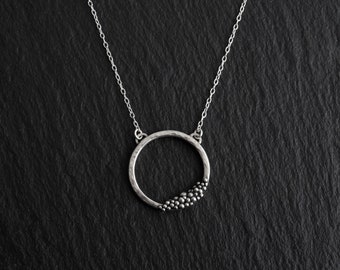 Granulated Silver Circle Necklace | Unusual Medium Circle Pendant | Granulation Ball Necklace | Elegant Sterling Silver Layering Necklace