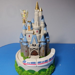 Vintage Cinderellas castle Disney Pencil Holder and Music box with Monorail and Tinkerbell