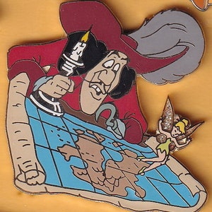 May include: A red and black cartoon pirate captain with a hook hand is looking at a treasure map with a fairy on it. The map is blue and brown with a grid pattern. The fairy is green and yellow with gold glitter wings.