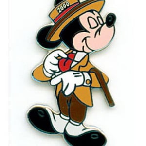 May include: A cartoon Mickey Mouse wearing a brown hat with the number 2000 on it, a brown suit jacket, a red bow tie, and white gloves. He is holding a cane in his right hand and smiling.
