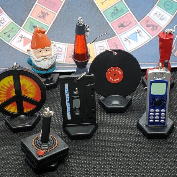 Upcycled Pop Culture Trivial Pursuit Earrings Gnome Gogo Boots Record Peace Sign Phone Video Game Cassette Tape Lava Lamp