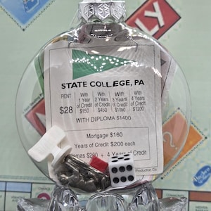 Può includere: Una palla di Natale di vetro trasparente riempita con pezzi del gioco a tema Monopoly e un inserto di carta. L'inserto recita "STATE COLLEGE, PA" con dettagli su affitto e credito. Include una sedia bianca, un'auto argentata, un pezzo rosso e un dado.