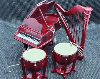Upcycled Miniature Instrument Ornaments Piano Harp Timpani