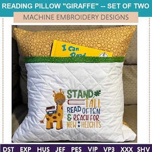 Reading Pillow Giraffe &quot;Machine Embroidery Designs&quot; (Set of Two) read, jungle, next, children, zoo, educational, book, rest, relax, library