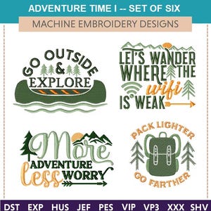 Adventure Time I &quot;Machine Embroidery Designs&quot; (Set of Six) explore, wander, canoe, compass, backpack, outdoors, wilderness, hiking, forest,