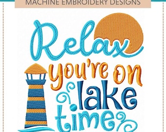 Amor en el lago III - Diseños de bordado: pez, barco, canoa (juego de cinco) 5x7 y 6x10 Relájate, estás en Lake Time, faro, remos, vacaciones