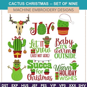 Cactus Christmas "Diseños de bordado a máquina" (juego de nueve) suroeste, succa, muñeco de nieve, alegría, cornamenta, fiesta, nieve, Arizona, verano, divertido