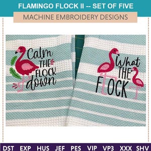 Flamingo Flock II "Disegni da ricamo a macchina" (set di cinque) uccello, cigno, fiammeggiante, asciugamano, volant, stagno, cocktail, estate, rosa, Florida