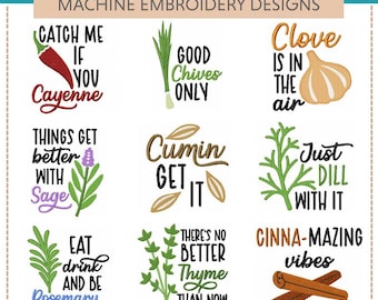 Spice & Herbs Funny Puns Machine Embroidery Designs (Set Of Twelve)