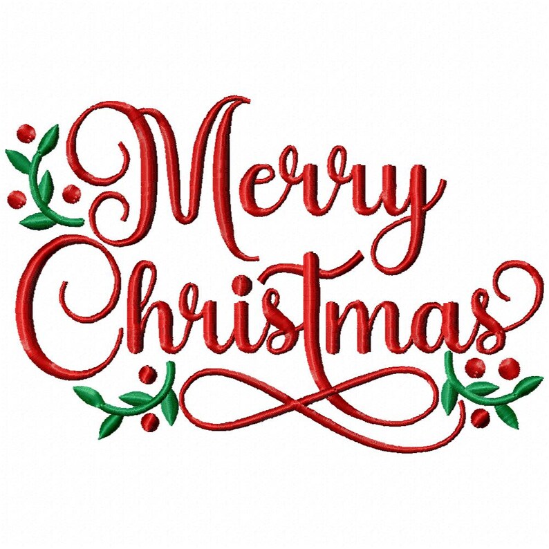 May include: Red cursive text that reads "Merry Christmas" with green leaves and red berries. The text is in a decorative font, perfect for holiday cards, decorations, or crafts. The design is on a white background.