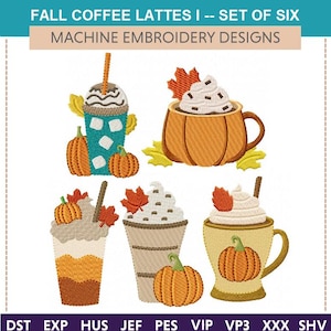 Peut inclure: Six motifs de broderie machine représentant des cafés au lait sur le thème de l'automne. Chaque motif comprend une citrouille et une boisson au café avec de la crème fouettée et une paille. Les motifs sont de différentes couleurs, notamment le brun, l'orange, le blanc et le vert.