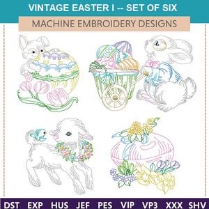 ヴィンテージ イースター I「機械刺繍デザイン」（6 個セット）春、ウサギ、卵、子供、バスケット、子羊、羊、ユリ、三つ豆、カート、ウサギ