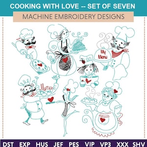 Peut inclure: Ensemble de sept motifs de broderie machine représentant de charmants chefs avec divers éléments sur le thème de la cuisine, notamment une tarte, un cupcake, un bol et une assiette de pain. Les motifs sont soulignés en turquoise et remplis d'accents noirs et rouges.