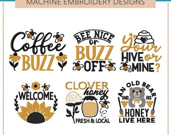 Bee Embroidery Designs: "Bee Craze I" Set (4x4 & 5x7)