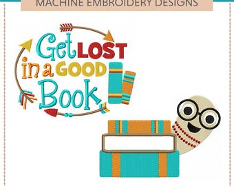 May include: Machine embroidery design set of two reading pillows. One design features a bookworm with glasses and a stack of books. The other design features a stack of books with the text "Get Lost in a Good Book" in a colorful, whimsical font.