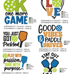 Pode incluir: Cinco desenhos de bordado com raquetes e bolas de pickleball com texto que diz "OK one more GAME", "YOU JUST GOT Pickled", "PLAY WITH passion, DINK WITH purpose", "LOVE GOOD VIBES & PADDLE DRIVES", e "STAY OUT OF THE kitchen".