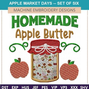 Appelmarktdagen "Machineborduurontwerpen" (volledige set VAN zes) boerenmarkt, markt, conserven, taarten, appelmoes, tractor, oogst, boter