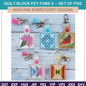 Mini llaveros con bloques de patchwork V -- Diseños de bordado a máquina (Juego de cinco). Juego exclusivo. Ideal para regalar. Retiros y exposiciones de patchwork.