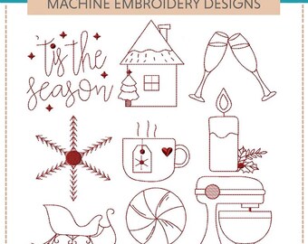 Puede incluir: Nueve diseños navideños bordados en rojo, que incluyen una casa, un copo de nieve, una taza de té, una vela, un bastón de caramelo, una batidora, un trineo, un árbol de Navidad y el texto "'tis the season".