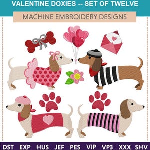 Saint-Valentin Doxies « Motifs de broderie machine » (lot de douze) chien, daschund, race, coeur, amour, fleurs, chiot, amoureux, bonbons, carte