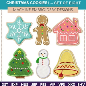 May include: Eight Christmas cookie embroidery designs, including a gingerbread man, a snowflake, a Christmas tree, a snowman, a gingerbread house, and a bell. The designs are in various colors, including red, green, blue, yellow, and brown.
