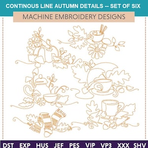 May include: Six continuous line embroidery designs featuring autumn details. The designs include a pumpkin, a teapot, a cup of coffee, a scarf, and a mug. The designs are in a gold color and are perfect for fall-themed projects.