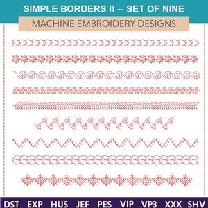 May include: Nine different machine embroidery designs for borders. The designs are in a pink colour and are displayed on a white background. The designs include a zig-zag, a wave, a star, and a geometric pattern.